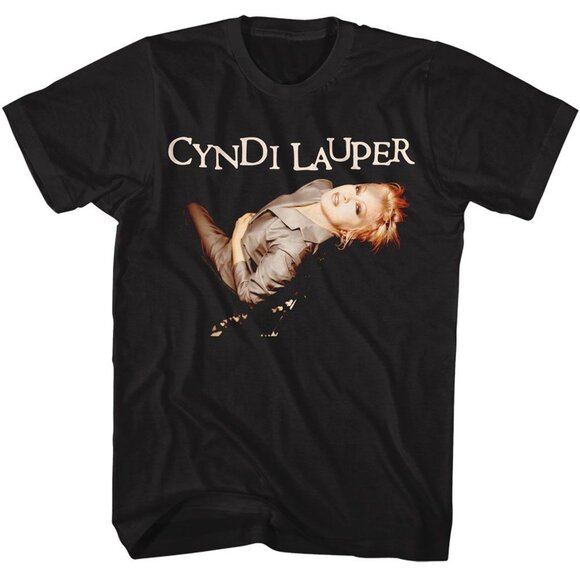 Preston L Tops - Cyndi Lauper T-Shirt Suit Photo Pop Music Fan Graphic Retro Black Tee 81